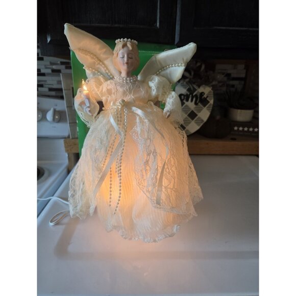 Christmas Angel Tree Topper 14'' White Gold Dress Ceramic Face Hands animatronic - Picture 1 of 13